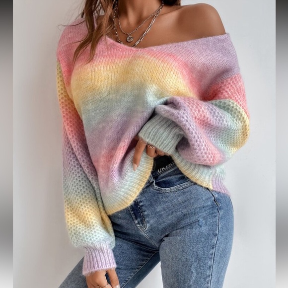 054 Pastel Ombre Oversized Distressed Sweater Top - Picture 2 of 4